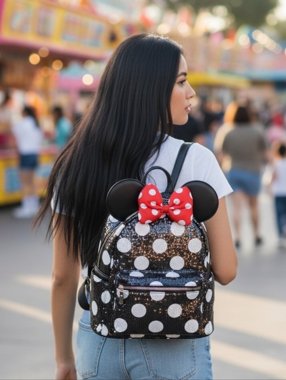 Disney Sequin Polkadot Bow Backpack Minnie Mouse EUC